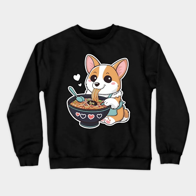 Cute Anime Corgi Dog Eating Ramen Noodles Crewneck Sweatshirt by Abdulkakl